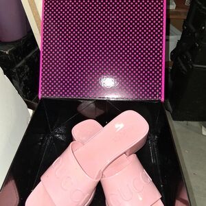 Gucci Glossy Light Pink Logo Slide Mules